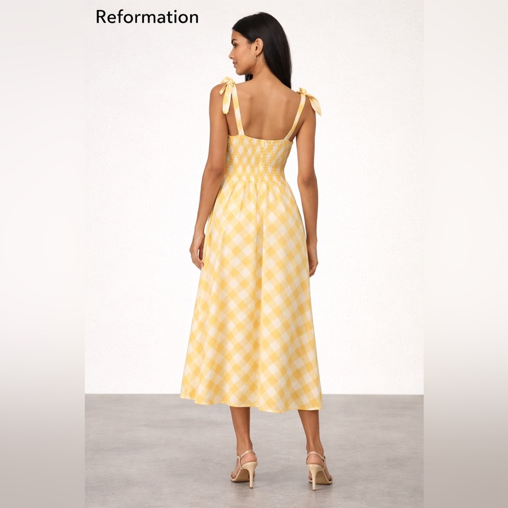 🌺Reformation Yellow Gingham Tie-Shoulder Midi Dress - Picture 2 of 4